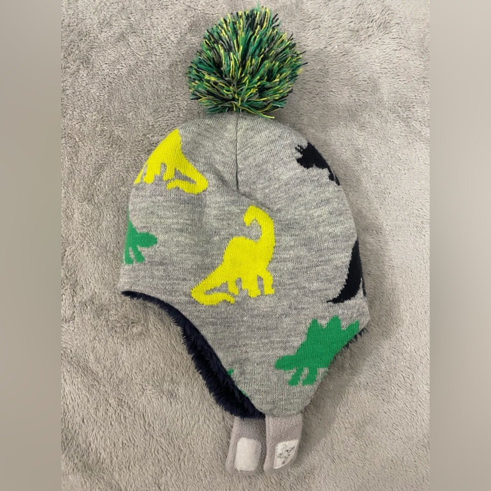 Toddler Boy Gray Dinosaur Knit Beanie with Pom Pom